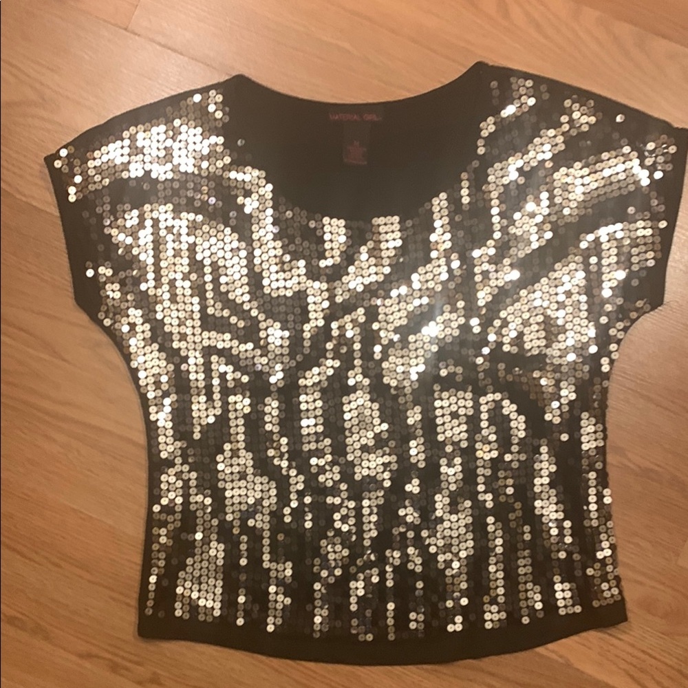 Material Girl Black and Silver Sequin Cap Sleeve Blouse
